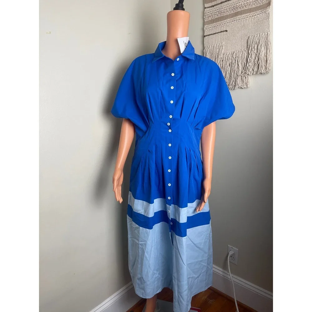Women Blue White Button Down‎ Shirt Summer Dress Smocked Waist Cotton Medium